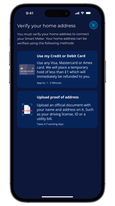 EQ App Refresh - Connect smart meter - Card or documentoption