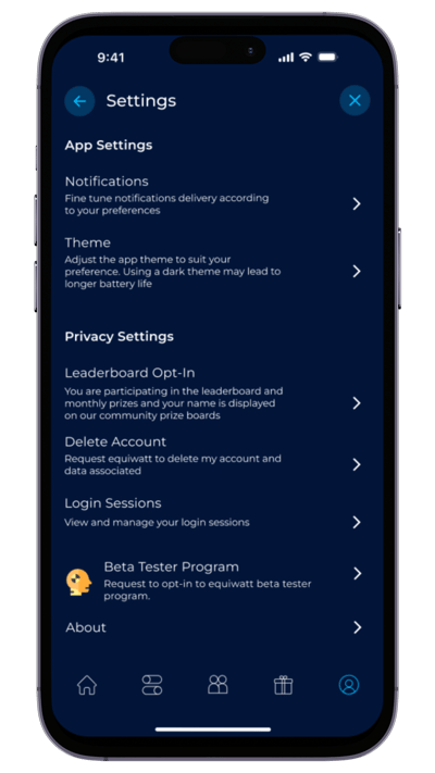 EQ App Refresh - Settings page